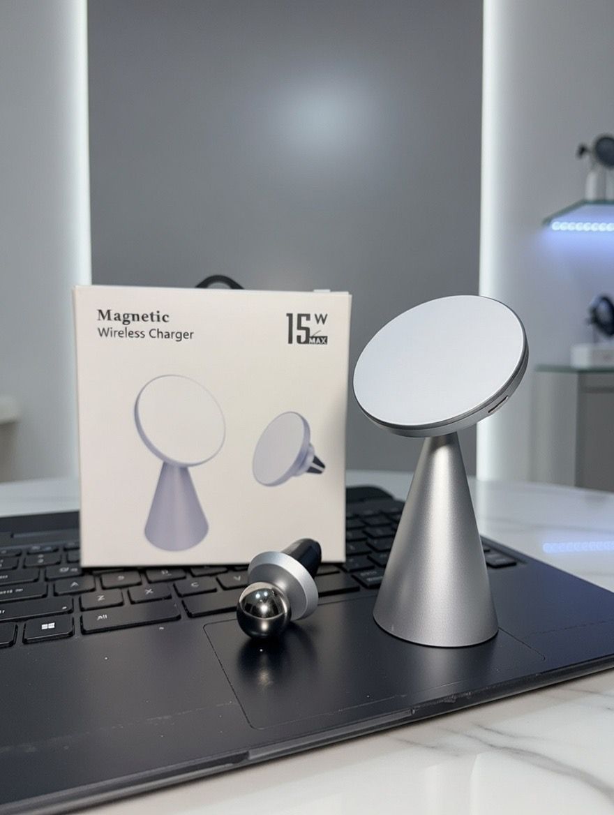 MagSafe Compatible 2-in-1 Magnetic 15W Wireless Charger – Desktop Stand & Car Vent Mount